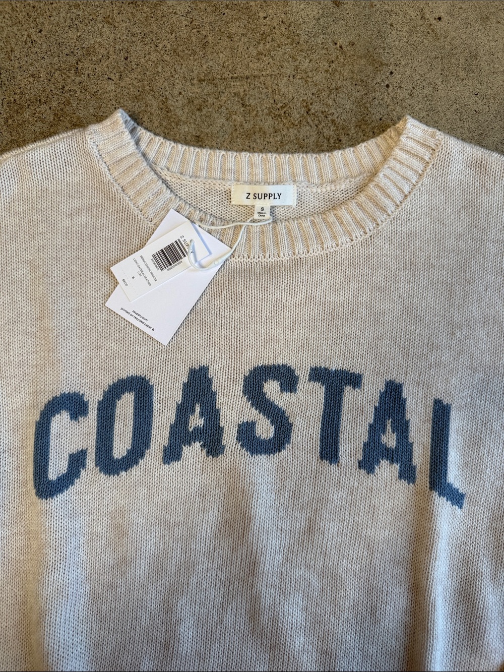 Z Supply Cream Crewneck Sweater with Blue COASTAL Lettering - Picture 2 of 3
